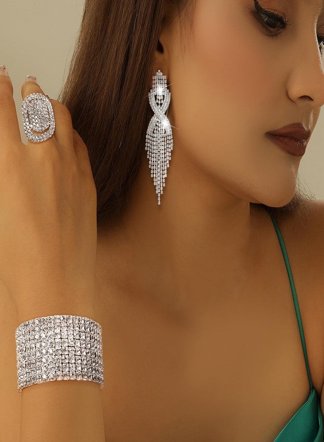 Sllaiss Rhinestone Bridal Jewelry Set for Women Sparkling Rhinestone Stretch Bracelet Ring Dangle Tassel Earrings Set Costume Jewelry (Set 01) - Image 2