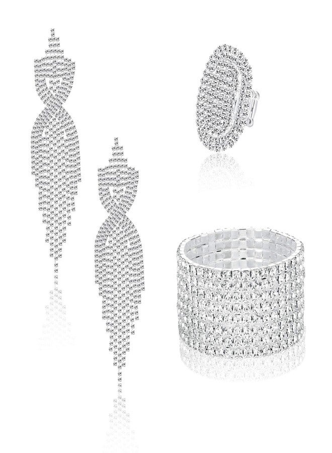 Sllaiss Rhinestone Bridal Jewelry Set for Women Sparkling Rhinestone Stretch Bracelet Ring Dangle Tassel Earrings Set Costume Jewelry (Set 01) - Image 1