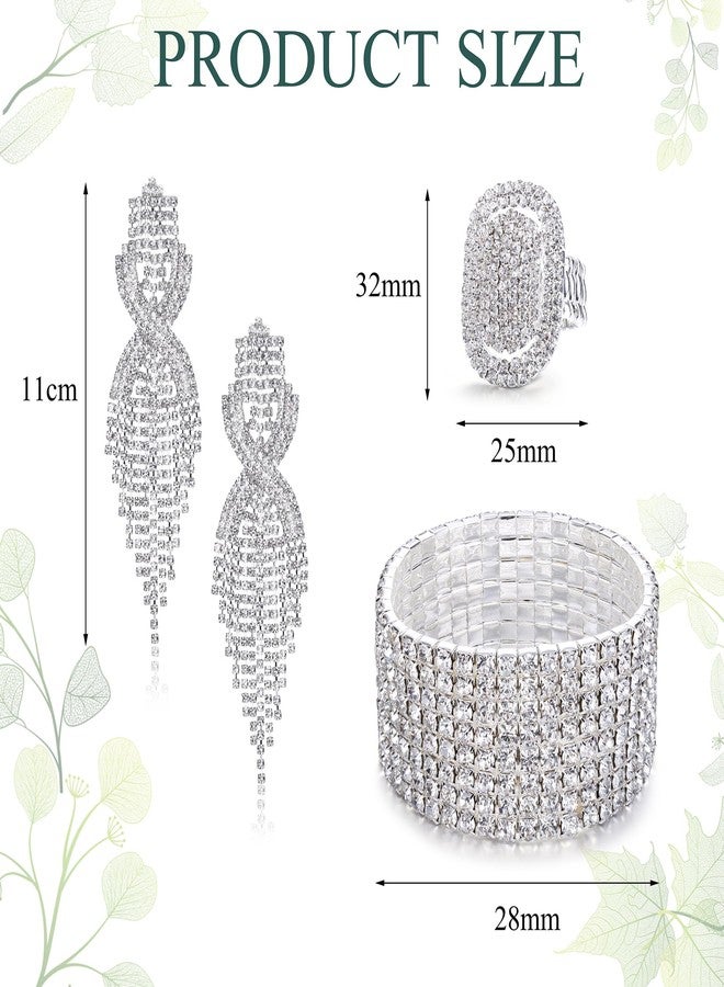 Sllaiss Rhinestone Bridal Jewelry Set for Women Sparkling Rhinestone Stretch Bracelet Ring Dangle Tassel Earrings Set Costume Jewelry (Set 01) - Image 4