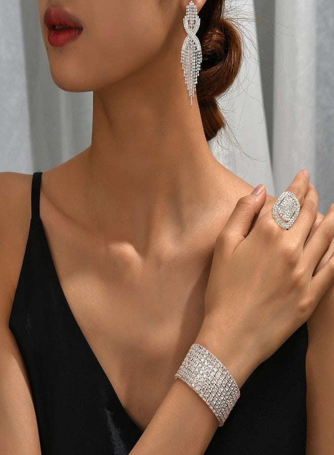 Sllaiss Rhinestone Bridal Jewelry Set for Women Sparkling Rhinestone Stretch Bracelet Ring Dangle Tassel Earrings Set Costume Jewelry (Set 01) - Image 3