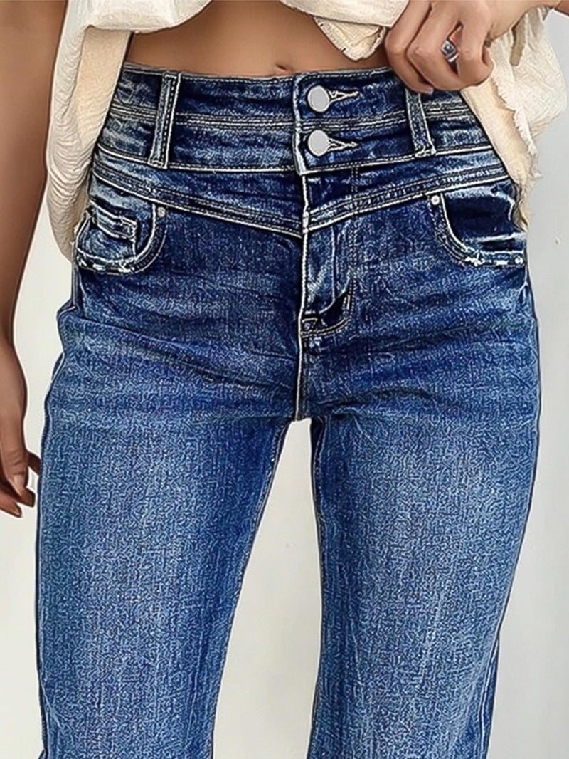 Flamingals Flare Leg High Rise Wash Raw Hem Distressed Dual Button Women's Jeans Navy Blue L - Image 3
