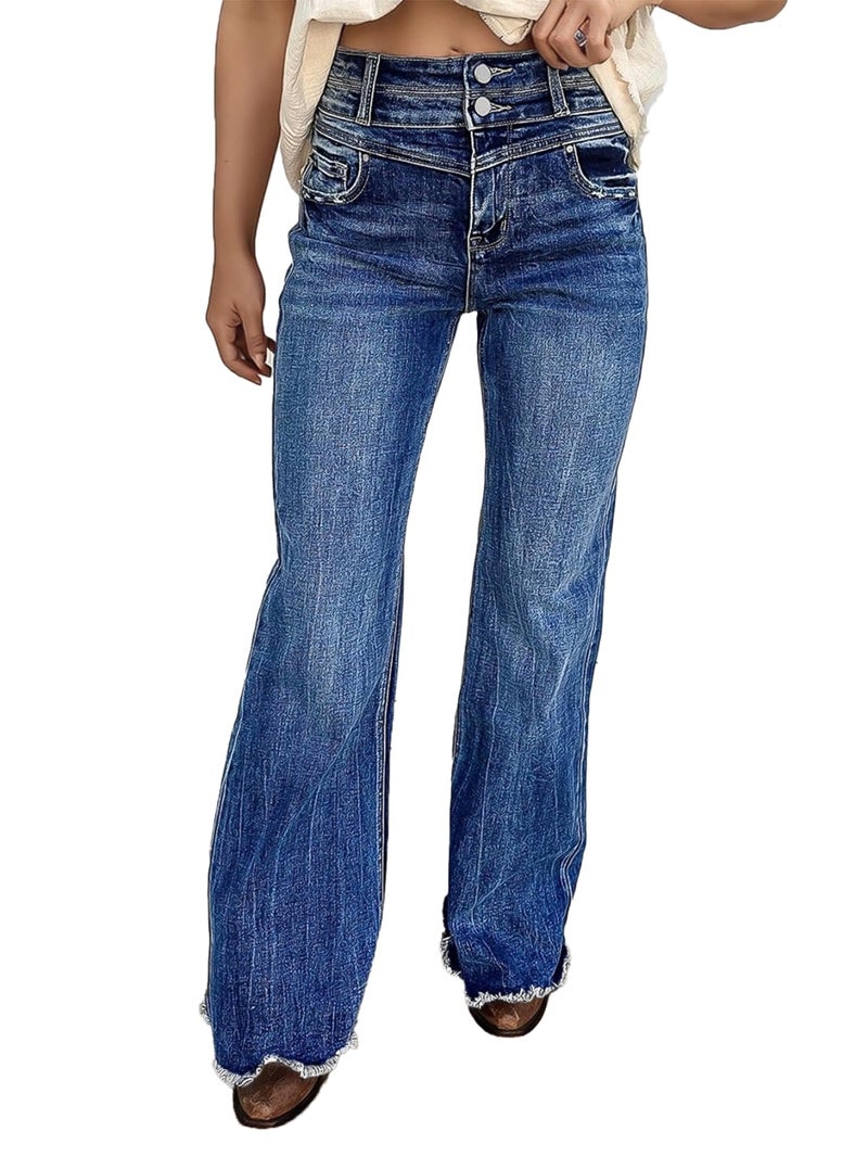 Flamingals Flare Leg High Rise Wash Raw Hem Distressed Dual Button Women's Jeans Navy Blue L - Image 1