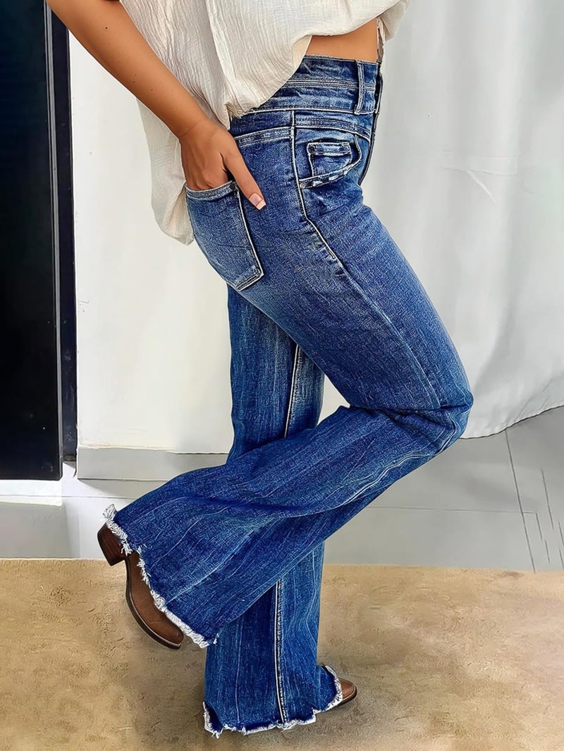 Flamingals Flare Leg High Rise Wash Raw Hem Distressed Dual Button Women's Jeans Navy Blue L - Image 4