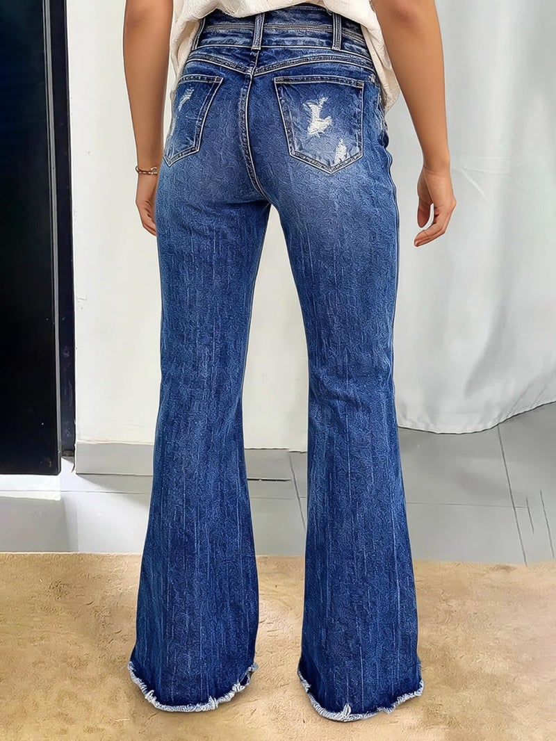 Flamingals Flare Leg High Rise Wash Raw Hem Distressed Dual Button Women's Jeans Navy Blue L - Image 5