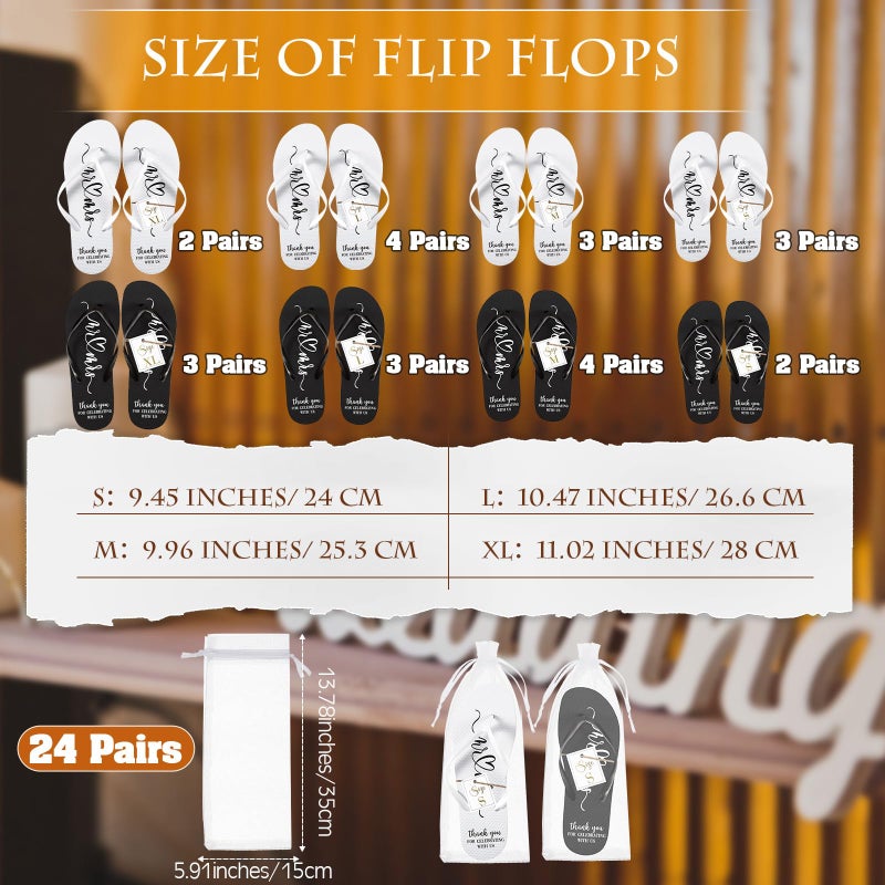 Breathffy 24 Pairs Wedding Flip Flops Bulk Slippers Flip Flops Women Wedding Sandals with Size Cards Drawstring Bags (White,Black) - Image 2