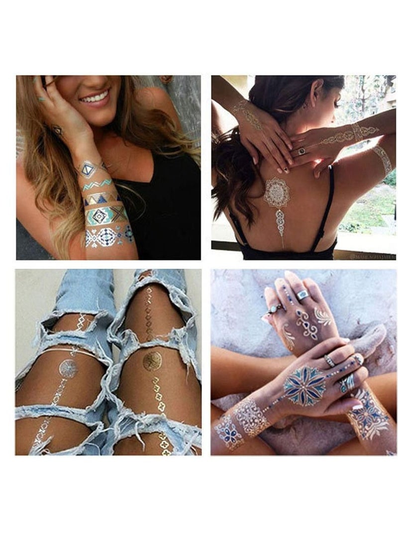 Y&D Temporary Tattoos, 12 Sheets Waterproof Metallic Tattoos Stickers, Fake Gold Silver Glitter Decoration for Women Teens Girls, Temp Tattoo Paper Body Art DIY Beauty Fashion Designs - Image 2