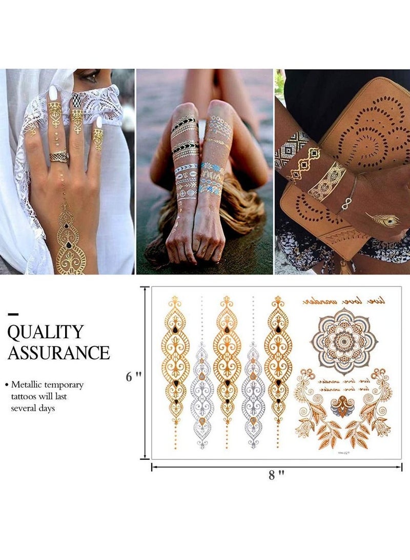 Y&D Temporary Tattoos, 12 Sheets Waterproof Metallic Tattoos Stickers, Fake Gold Silver Glitter Decoration for Women Teens Girls, Temp Tattoo Paper Body Art DIY Beauty Fashion Designs - Image 4