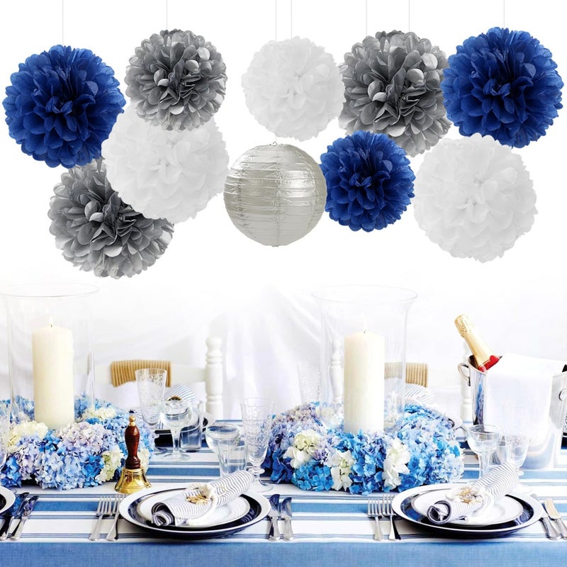 Hugfond Navy-Blue Silver Party-Decorations Paper-Flowers Lanterns - 15PCS Birthday Royal White Wedding Tissue Pom Poms Streamers Baby Bridal Shower Bachelorette Graduation Hanging Supplies Decor Hugfond - Image 2