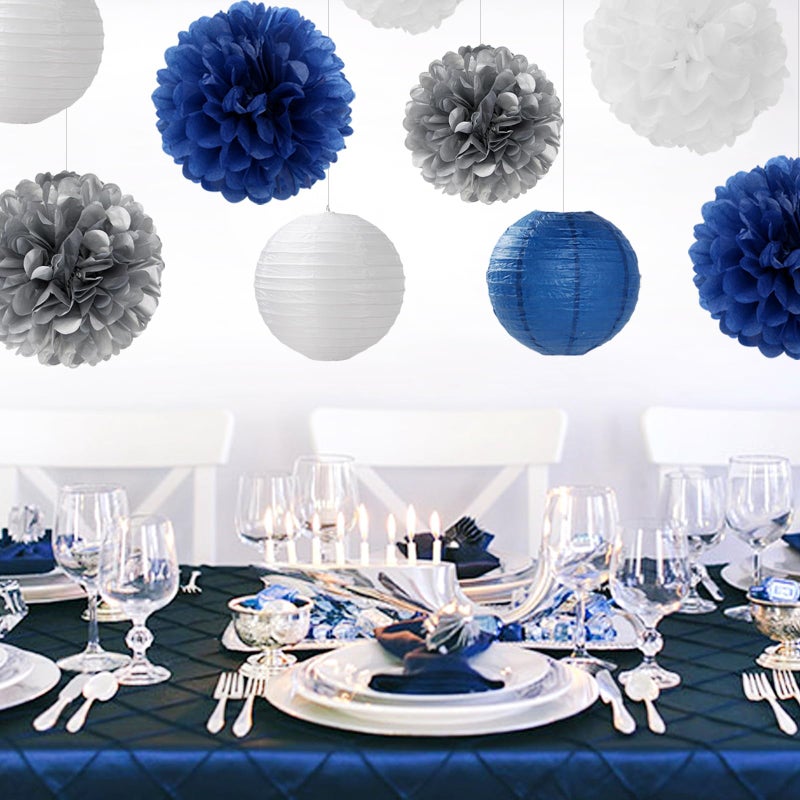 Hugfond Navy-Blue Silver Party-Decorations Paper-Flowers Lanterns - 15PCS Birthday Royal White Wedding Tissue Pom Poms Streamers Baby Bridal Shower Bachelorette Graduation Hanging Supplies Decor Hugfond - Image 3
