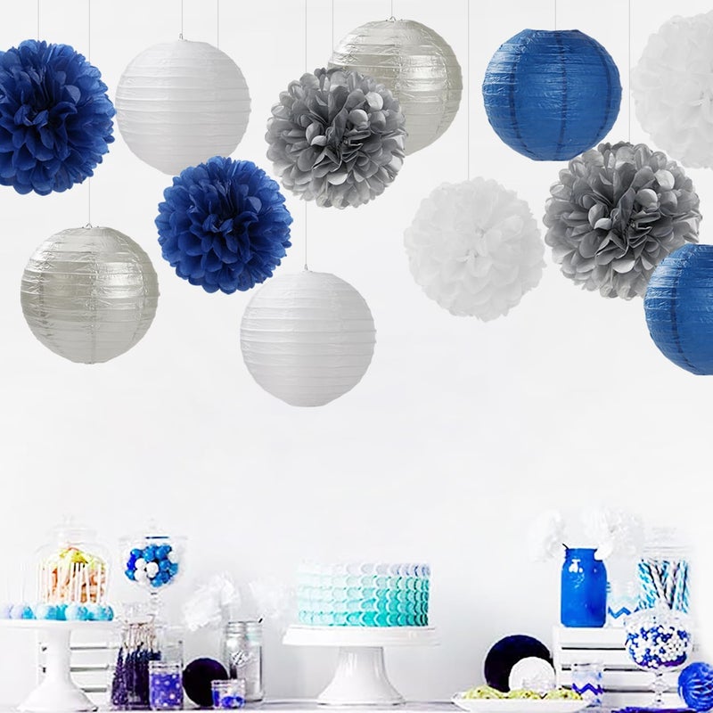 Hugfond Navy-Blue Silver Party-Decorations Paper-Flowers Lanterns - 15PCS Birthday Royal White Wedding Tissue Pom Poms Streamers Baby Bridal Shower Bachelorette Graduation Hanging Supplies Decor Hugfond - Image 5