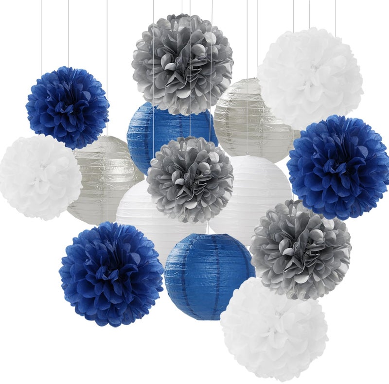 Hugfond Navy-Blue Silver Party-Decorations Paper-Flowers Lanterns - 15PCS Birthday Royal White Wedding Tissue Pom Poms Streamers Baby Bridal Shower Bachelorette Graduation Hanging Supplies Decor Hugfond - Image 1