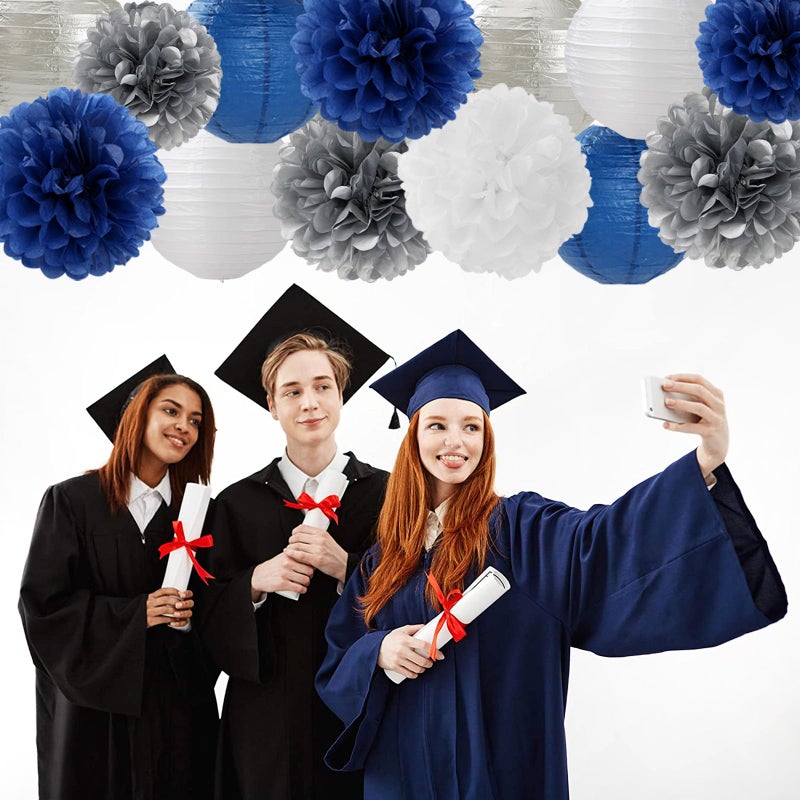 Hugfond Navy-Blue Silver Party-Decorations Paper-Flowers Lanterns - 15PCS Birthday Royal White Wedding Tissue Pom Poms Streamers Baby Bridal Shower Bachelorette Graduation Hanging Supplies Decor Hugfond - Image 4