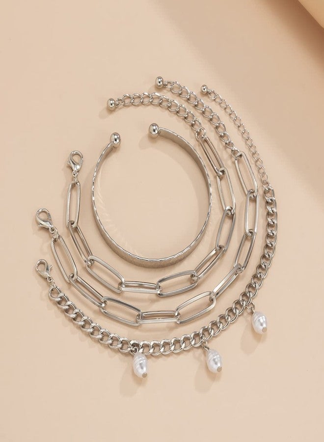 Chargances Paperclip Chain Bangle Bracelets with Pearl Pendant for Women Fashion Layered Cuff Bracelets for Women Gift (Silver) - Image 5
