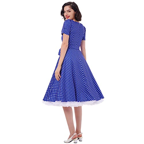 IKADEX Women Vintage 50s 1950s Dress Square Neck A-line Polka Dot Rockabilly Swing Evening Party Cocktail Dresses Blue XL - Image 4