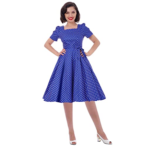 IKADEX Women Vintage 50s 1950s Dress Square Neck A-line Polka Dot Rockabilly Swing Evening Party Cocktail Dresses Blue XL - Image 1