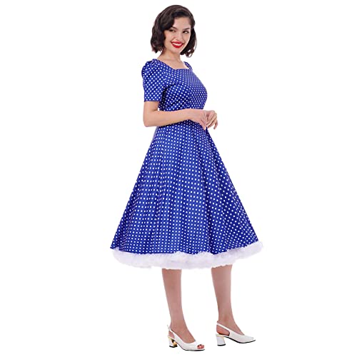 IKADEX Women Vintage 50s 1950s Dress Square Neck A-line Polka Dot Rockabilly Swing Evening Party Cocktail Dresses Blue XL - Image 3