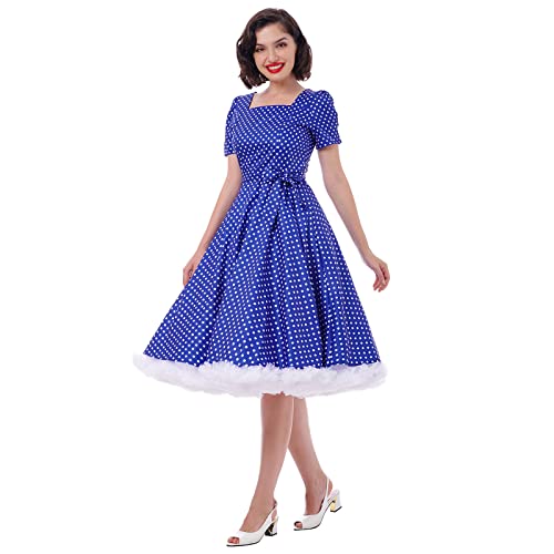 IKADEX Women Vintage 50s 1950s Dress Square Neck A-line Polka Dot Rockabilly Swing Evening Party Cocktail Dresses Blue XL - Image 2