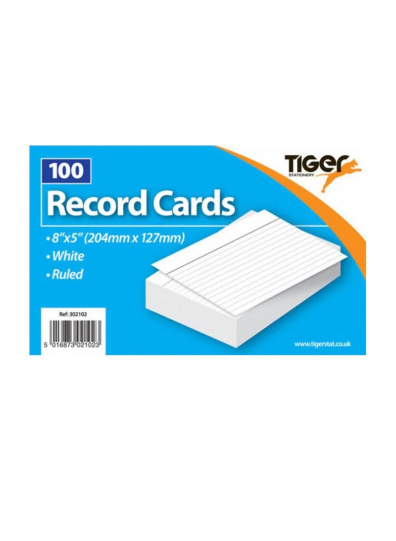 TIGER RECORD CARD WHITE RULED 8X5" 100 SHHETS - Image 1