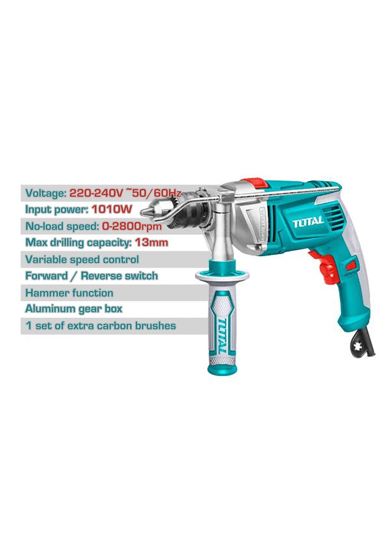 TOTAL 1010W Heavy Duty Impact Drill - 13mm Variable Speed Hammer Drill (0-2800RPM) with Aluminum Gear Box, Forward/Reverse & Extra Carbon Brushes - TG111136 - Image 5