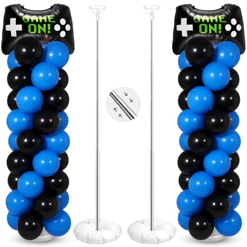 Soulchen 2 Set Video Game Balloon Column Stand Kit with Game Controller Foil Latex Balloons Adjustable Stands for Night Video Gaming Theme Birthday Party DecorationsBlack Blue - Image 1