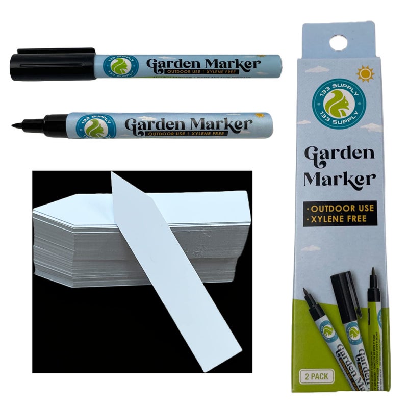 133 Supply -100 Pack 4" Plastic Plant Labels for Seedlings with 2 Pack of Garden Marker Pens (Garden Markers Fade Resistant Plant Markers Outdoor Waterproof Pen Black Permanent Markers Plant Tags) - Image 1
