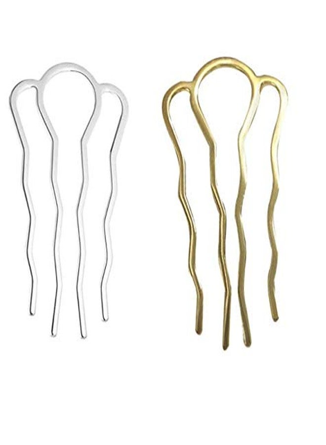 HLLMX 2PCS 4 Teeth Metal Hair Combs Pins Side Updo Hair Forks Long Clips for Women's Hair Styling Accessories (Gold and Silver) - Image 1