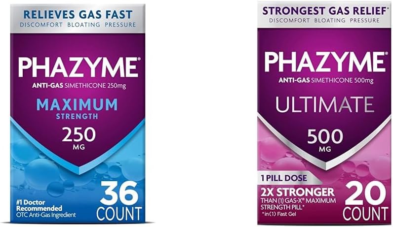 Phazyme Gas Relief Bundle with 36 Count 250mg Simethicone Maximum Strength Fast Gels and 20 Count 500mg Simethicone Ultimate Strength Fast Gels - Image 1