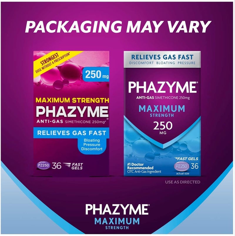 Phazyme Gas Relief Bundle with 36 Count 250mg Simethicone Maximum Strength Fast Gels and 20 Count 500mg Simethicone Ultimate Strength Fast Gels - Image 3
