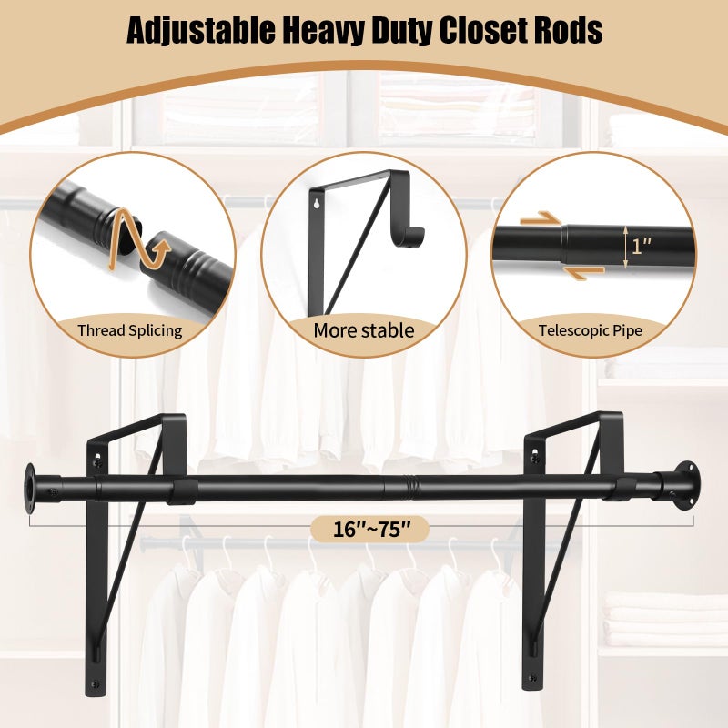 Anndason Closet Rod, 16 to 75 Inch Heavy Duty Adjustable Clothes Rod for Hanging Clothes and Heavy Duty Clothes Rod Bracket Rods Support (The Shelf NOT Included) (Black) - Image 5