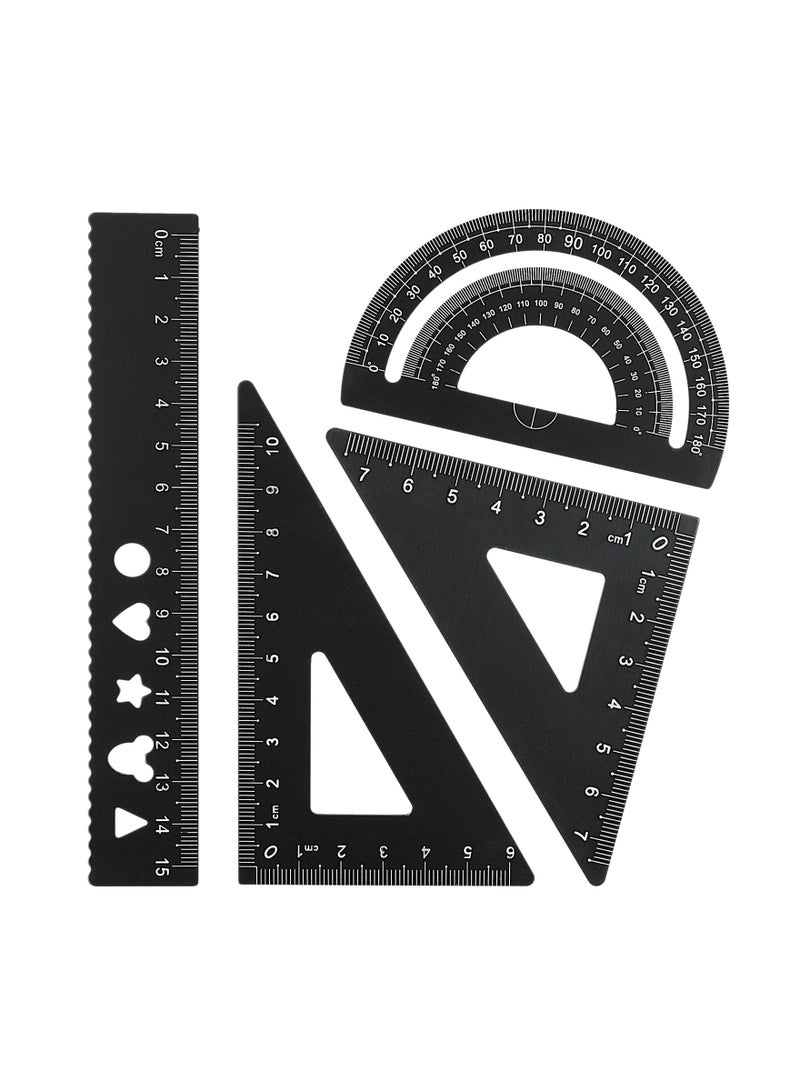 4Pcs Triangular Scale Ruler Set, Geometric Protractor Mathematical Triangle Ruler Aluminum Ruler for School and Office Supplies Math Rulers for Kids and Adults Draftsman (Black) - Image 1