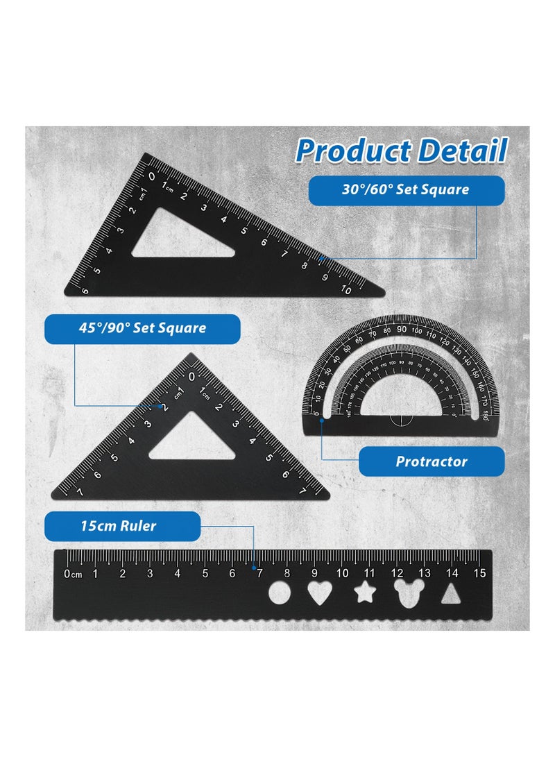 4Pcs Triangular Scale Ruler Set, Geometric Protractor Mathematical Triangle Ruler Aluminum Ruler for School and Office Supplies Math Rulers for Kids and Adults Draftsman (Black) - Image 2