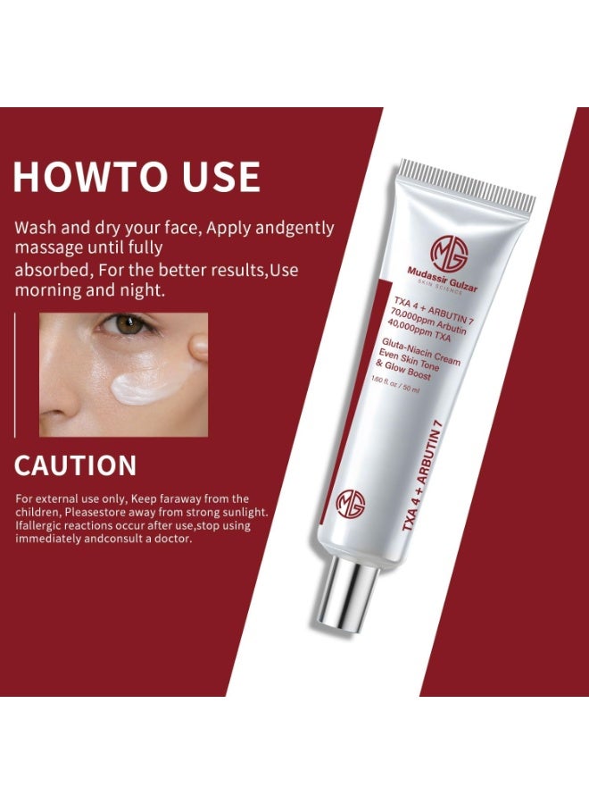 MUDASSIR GULZAR Arbutin 7% + Tranexamic Acid 4% Cream, 70,000ppm Arbutin Cream 50ml, 40,000ppm TXA, Niacinamide, Glutathione Cream to Supports Even Skin Tone, Enhances Skin Clarity, Korean Skin Care - Image 4