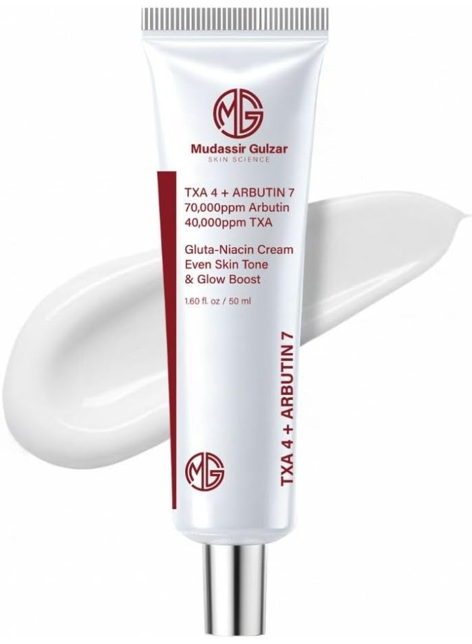 MUDASSIR GULZAR Arbutin 7% + Tranexamic Acid 4% Cream, 70,000ppm Arbutin Cream 50ml, 40,000ppm TXA, Niacinamide, Glutathione Cream to Supports Even Skin Tone, Enhances Skin Clarity, Korean Skin Care - Image 1