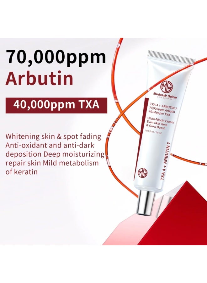 MUDASSIR GULZAR Arbutin 7% + Tranexamic Acid 4% Cream, 70,000ppm Arbutin Cream 50ml, 40,000ppm TXA, Niacinamide, Glutathione Cream to Supports Even Skin Tone, Enhances Skin Clarity, Korean Skin Care - Image 2
