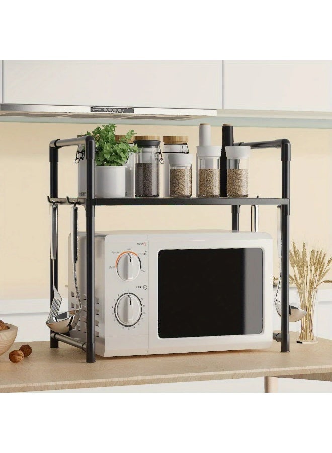 KITCHENOO Extendable Microwave Oven Stand, Adjustable Microwave rack Toaster Shelf, Heavy Duty Rack 2 Tier Kitchen Counter Top Organizer with 4 Hooks for Kitchen - Image 1