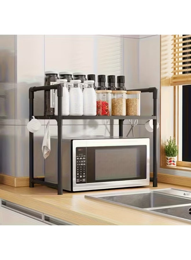 KITCHENOO Extendable Microwave Oven Stand, Adjustable Microwave rack Toaster Shelf, Heavy Duty Rack 2 Tier Kitchen Counter Top Organizer with 4 Hooks for Kitchen - Image 2