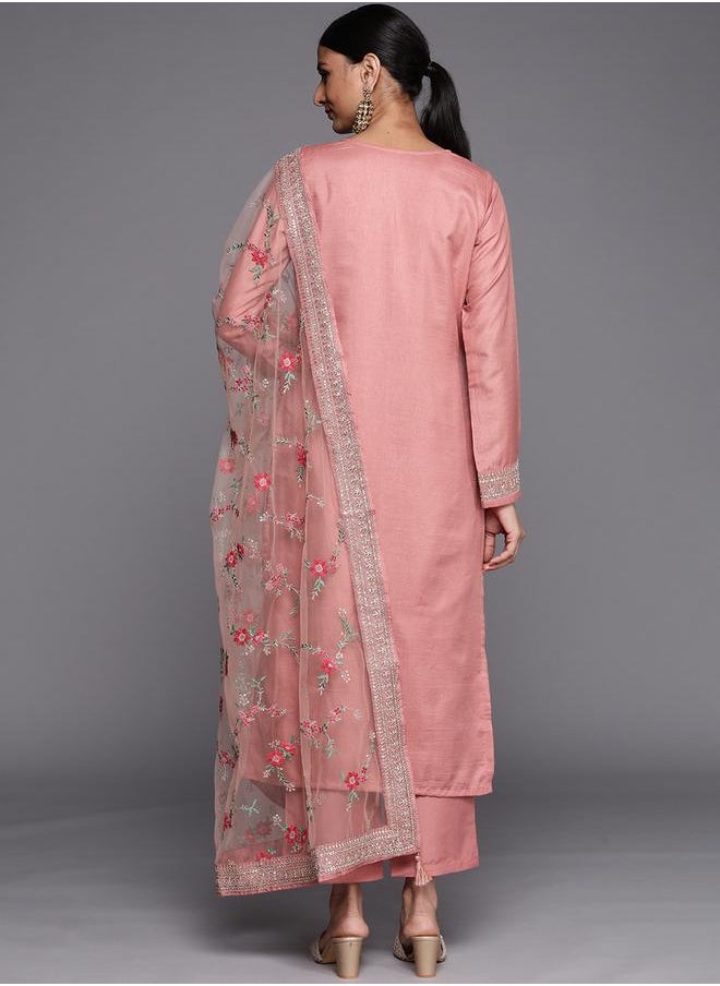 Libas Libas Silk Straight Kurta and Solid Trouser with Embroidered Dupatta Set  - Image 3