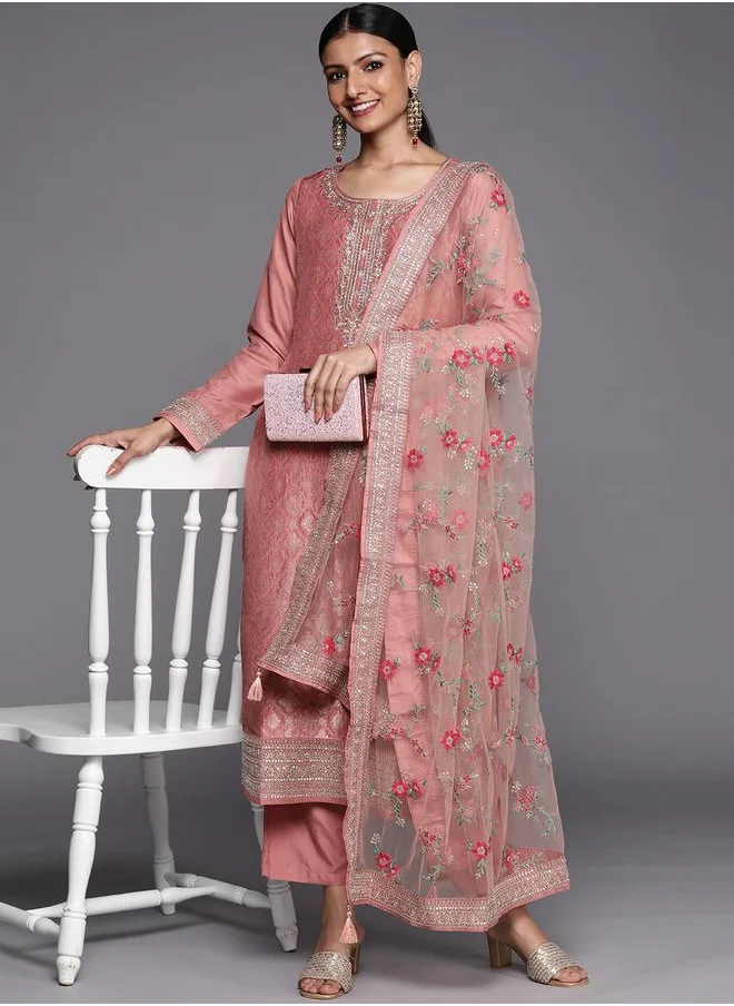 لباس Libas Silk Straight Kurta and Solid Trouser with Embroidered Dupatta Set