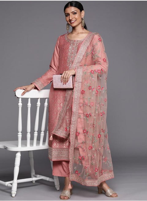 Libas Silk Straight Kurta and Solid Trouser with Embroidered Dupatta Set