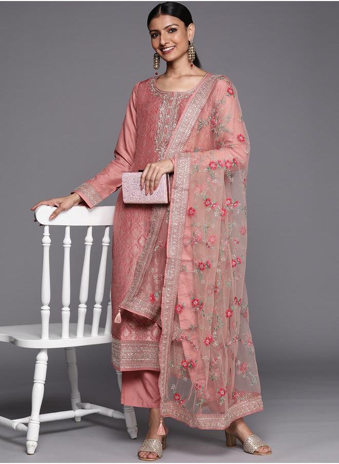 Libas Libas Silk Straight Kurta and Solid Trouser with Embroidered Dupatta Set  - Image 1