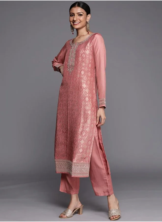 لباس Libas Silk Straight Kurta and Solid Trouser with Embroidered Dupatta Set