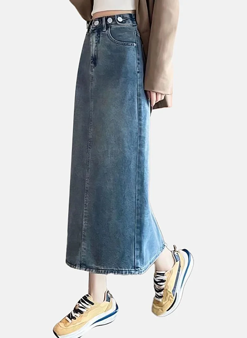 YUNIQEE Blue Denim Solid Maxi Skirt