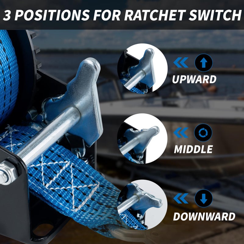 AC-DK 1600lbs Heavy Duty Boat Trailer Winch with 26FT Strap, 2-Way Ratchet u0026 4:1 Gear Trailer Winch, Portable Hand Crank Winch for Boat, Truck, Trailer, RV, ATV, Jet Ski - Image 5
