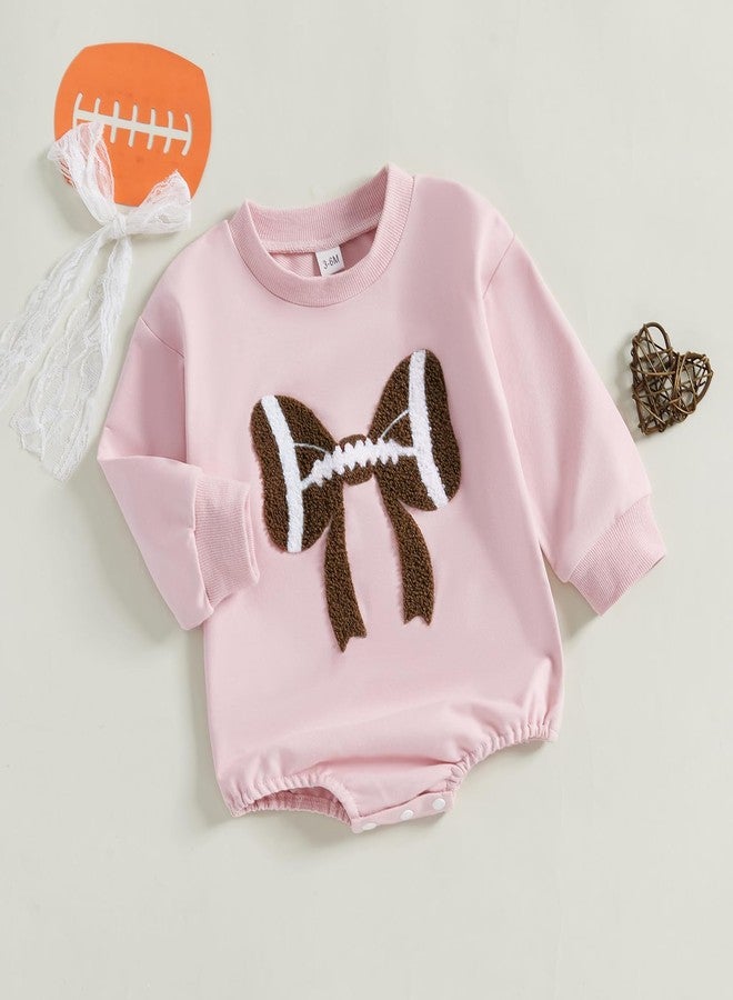 Karuedoo Newborn Baby Boy Girl Football Outfit Football Bow Sweashirt Romper Oversized Long Sleeve Bubble Romper Bodysuit (Pink, 3-6 Months) - Image 3
