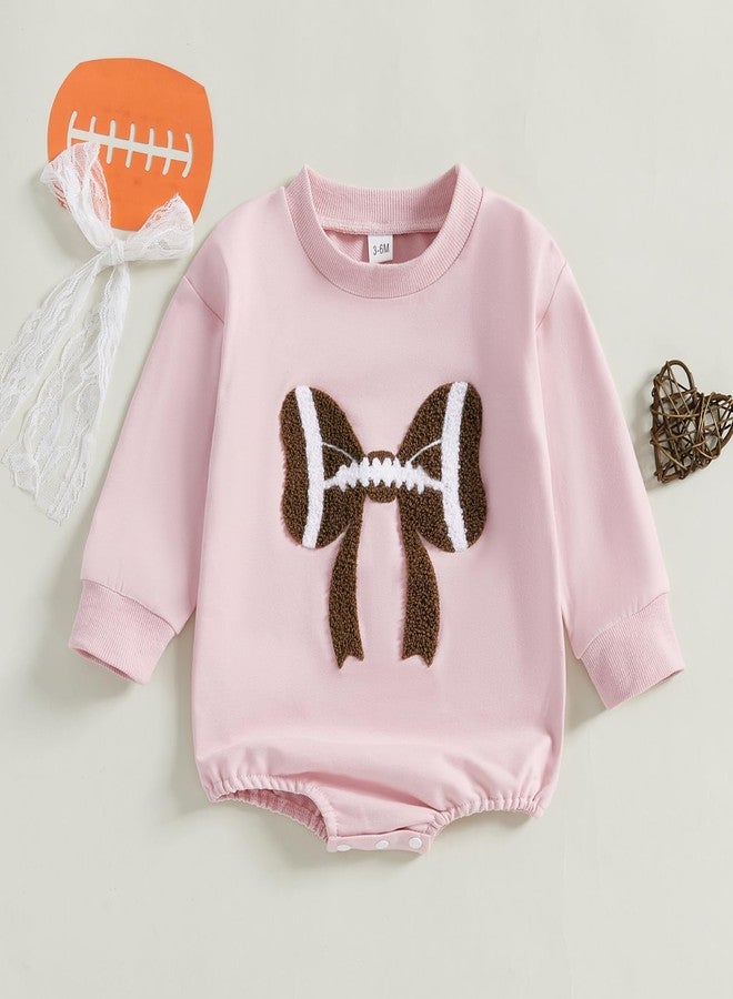 Karuedoo Newborn Baby Boy Girl Football Outfit Football Bow Sweashirt Romper Oversized Long Sleeve Bubble Romper Bodysuit (Pink, 3-6 Months) - Image 2