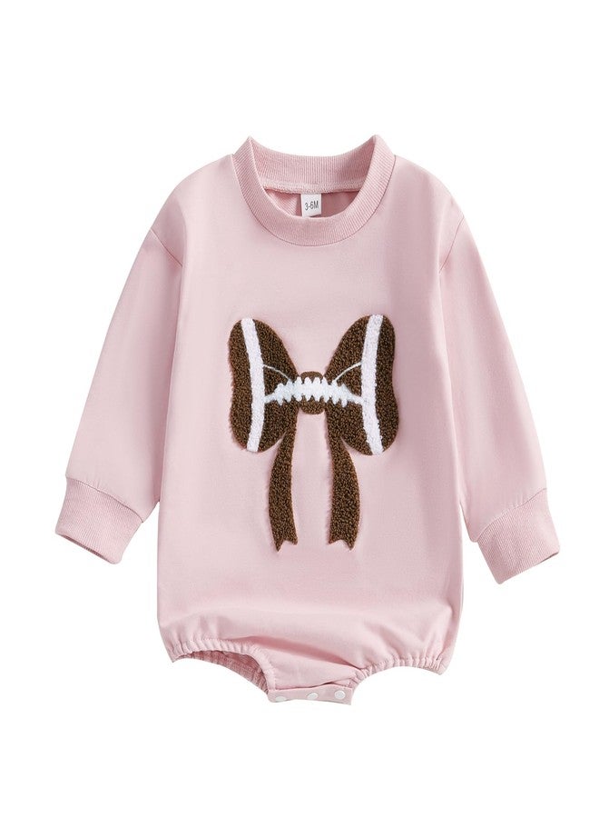 Karuedoo Newborn Baby Boy Girl Football Outfit Football Bow Sweashirt Romper Oversized Long Sleeve Bubble Romper Bodysuit (Pink, 3-6 Months) - Image 1