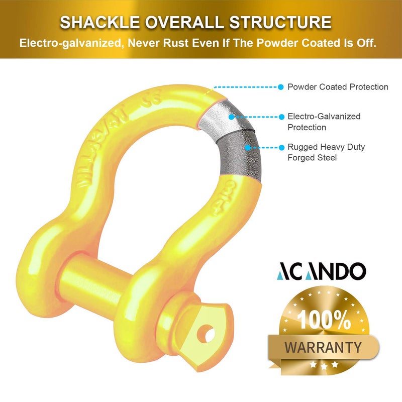 Acando Pack of 2 Yellow Powder Coated Heaveduty Trailer Shackles 3/4 Bow Shackle Rugged Steel Forged 4.74 Ton D Ring Anchor 28.5 Ton (57,000 lbs) Max Break Strength Off Road Shackles - Image 3