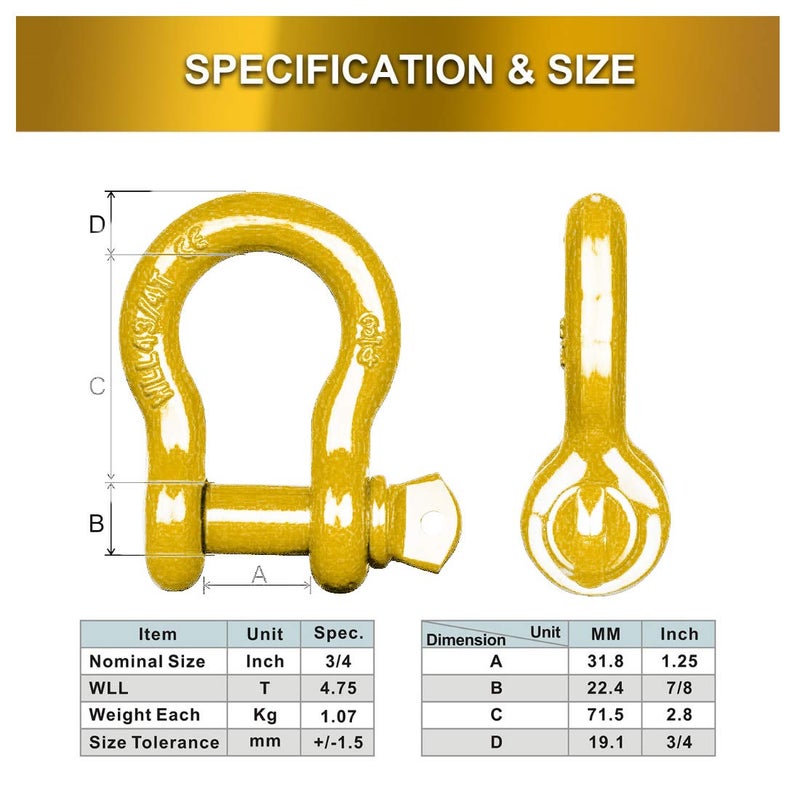 Acando Pack of 2 Yellow Powder Coated Heaveduty Trailer Shackles 3/4 Bow Shackle Rugged Steel Forged 4.74 Ton D Ring Anchor 28.5 Ton (57,000 lbs) Max Break Strength Off Road Shackles - Image 5