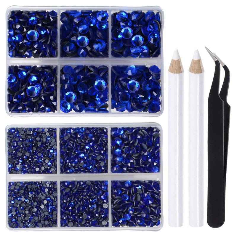 LPBeads 6400 Pieces Hotfix Rhinestones Sapphire Flat Back 5 Mixed Sizes Crystal Round Glass Gems with Tweezers and Picking Rhinestones Pen