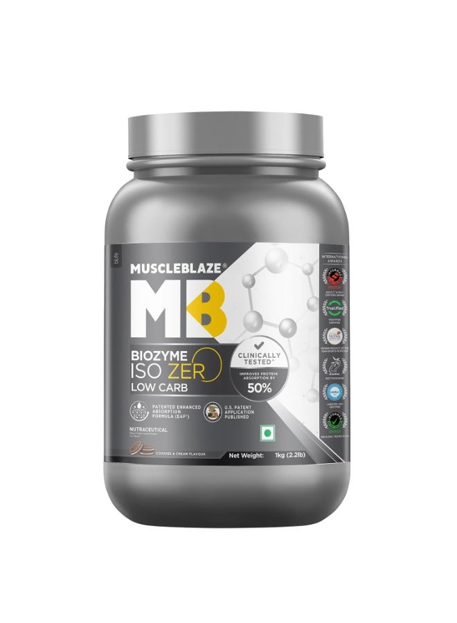مسل بلايز MuscleBlaze Biozyme Iso-Zero، مسحوق بروتين مصل اللبن المعزول (Whey Isolate) قليل الكربوهيدرات، بنكهة الكوكيز والكريمة (1 كجم / 2.2 رطل) | 27 جم من بروتين مصل اللبن المعزول في كل مكيال | تركيبة معززة للامتصاص (EAF) حاصلة على براءة اختراع من الولايات المتحدة الأمريكية - Image 1